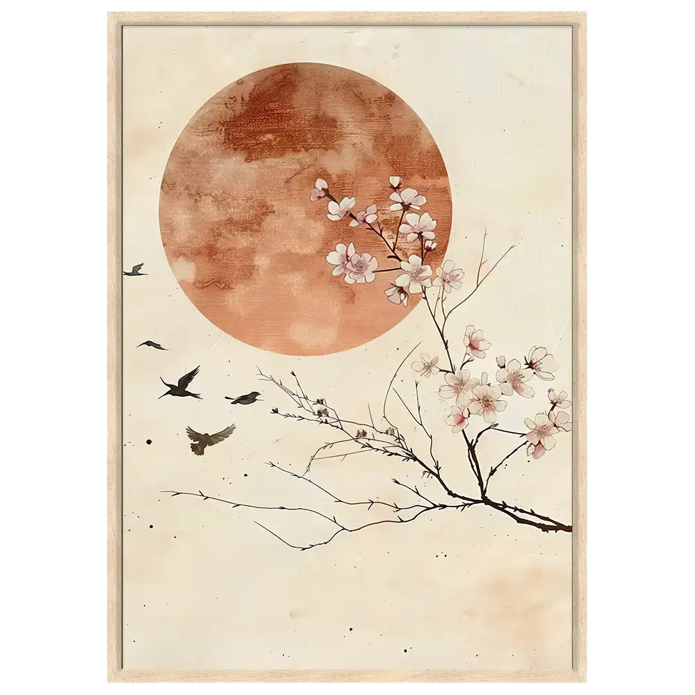 Cuadro Japandi con flor de cerezo y luna en tonos terracota