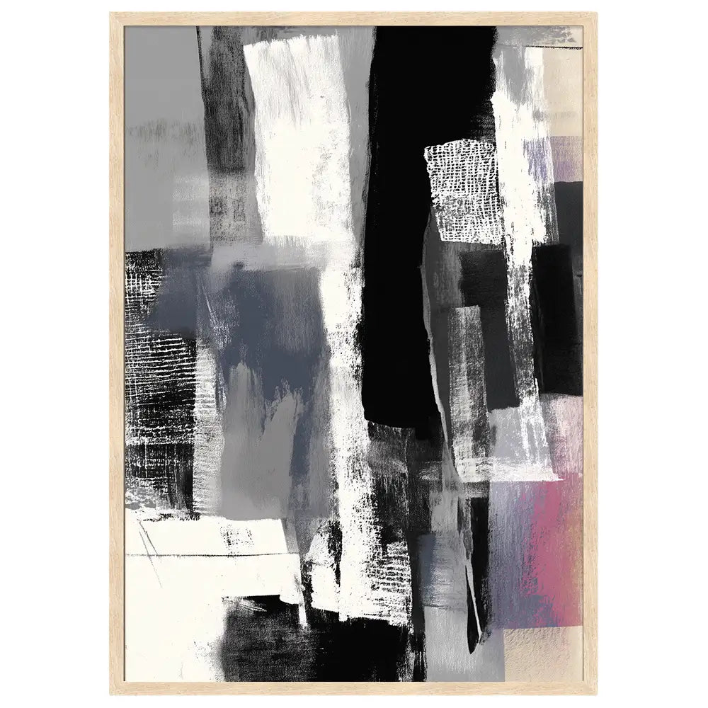 Cuadro abstracto con superposiciones en blanco, negro y gris