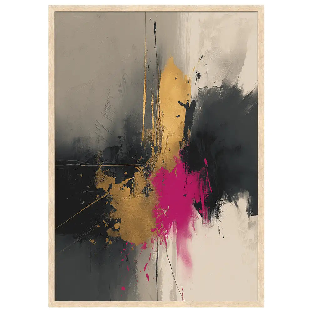 Cuadro abstracto con impacto en dorado y magenta