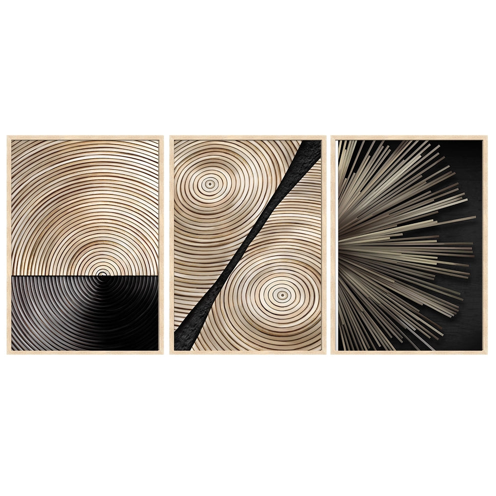 Tríptico de cuadros estilo industrial geométricos en negro y madera