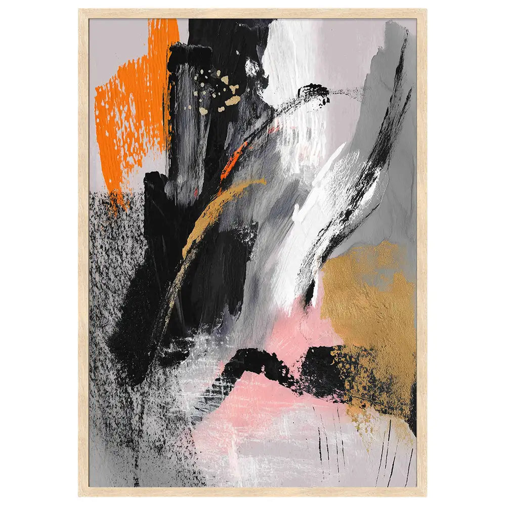 Cuadro abstracto moderno en negro, rosa y dorado