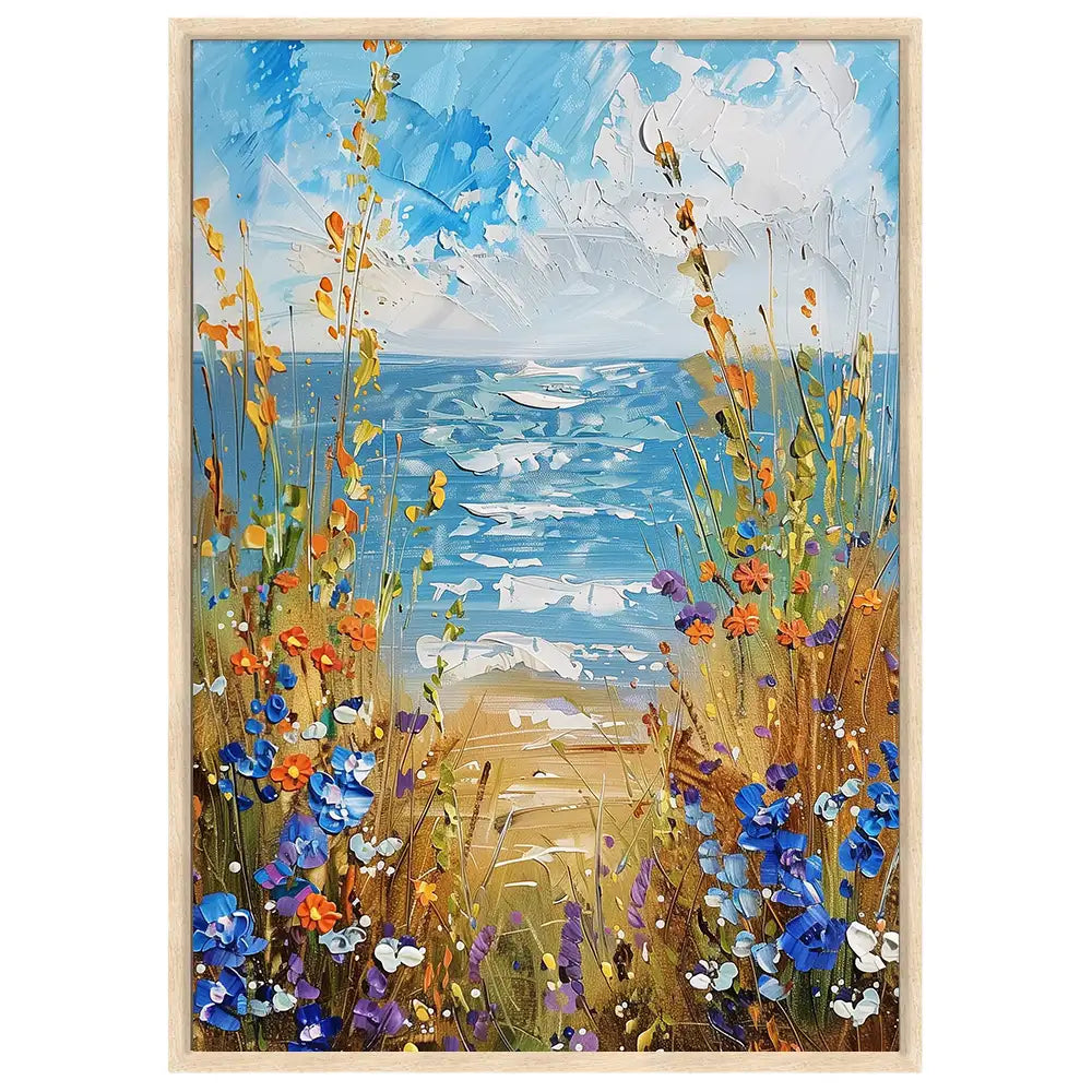 Cuadro floral con vista al mar y colores vivos