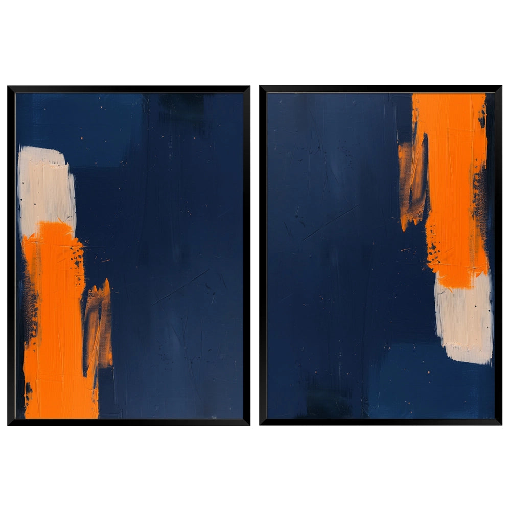 Díptico abstracto en tonos azules con acento naranja