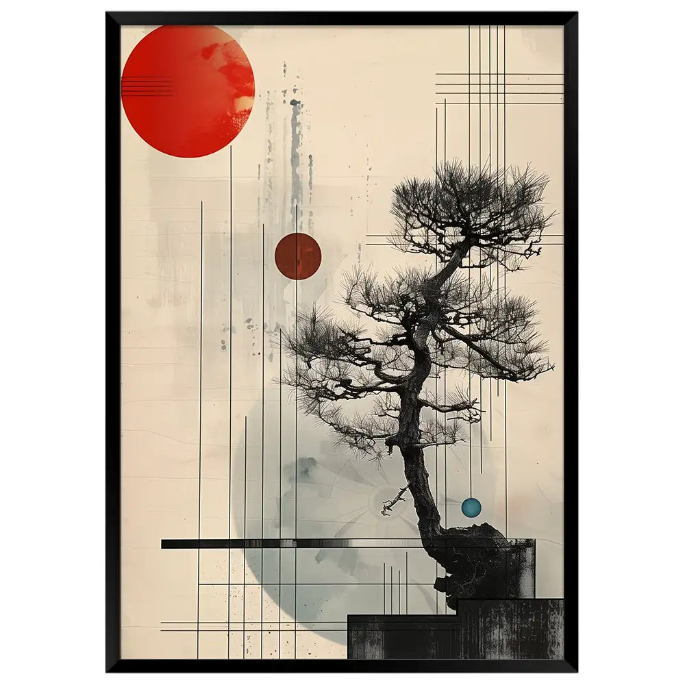 Cuadro Japandi con bonsái y círculos flotantes | Arte contemplativo