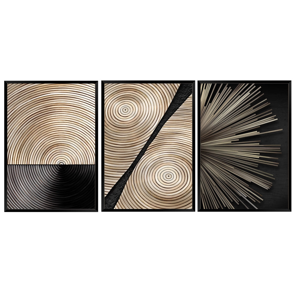 Tríptico de cuadros estilo industrial geométricos en negro y madera
