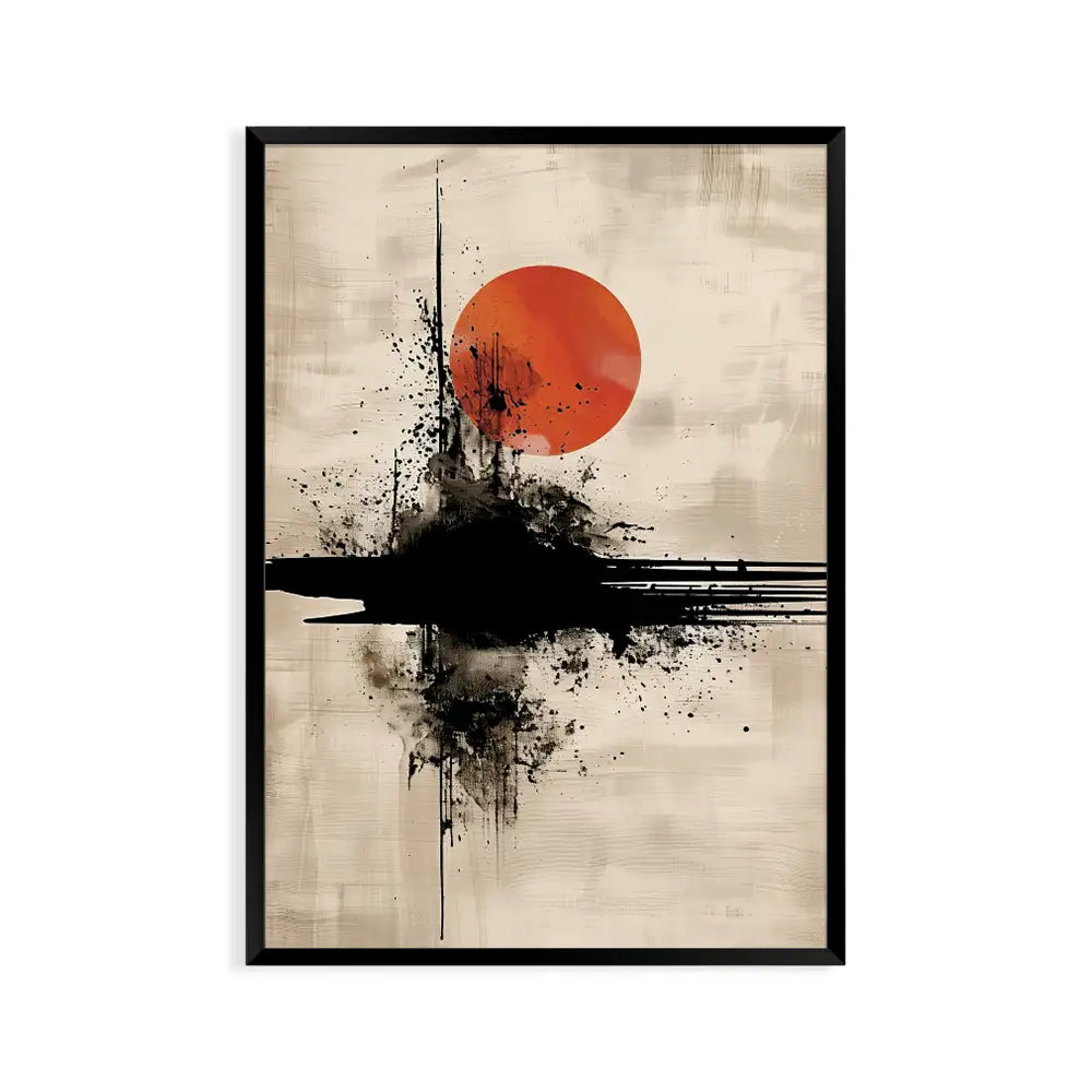 Cuadro Japandi de sol rojo y trazo negro | Estilo moderno