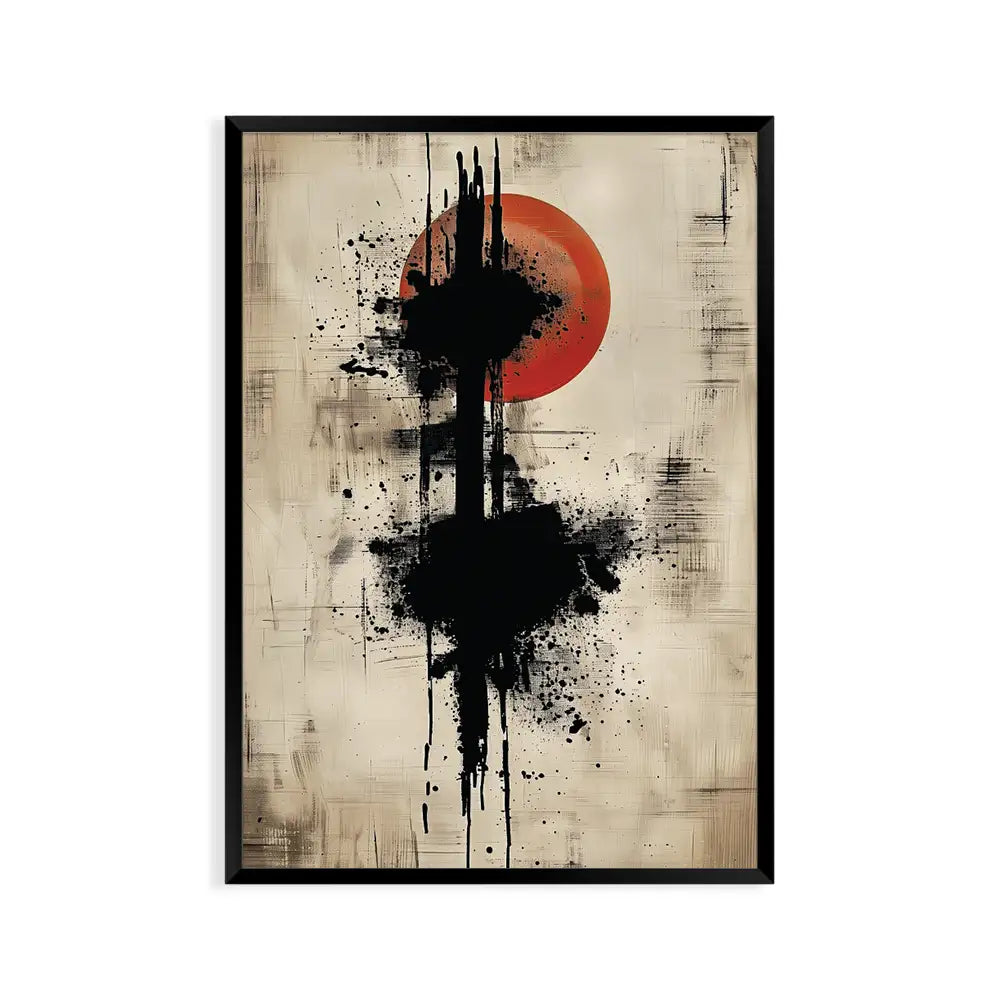 Cuadro Japandi con trazo vertical y sol rojo | Fuerza visual