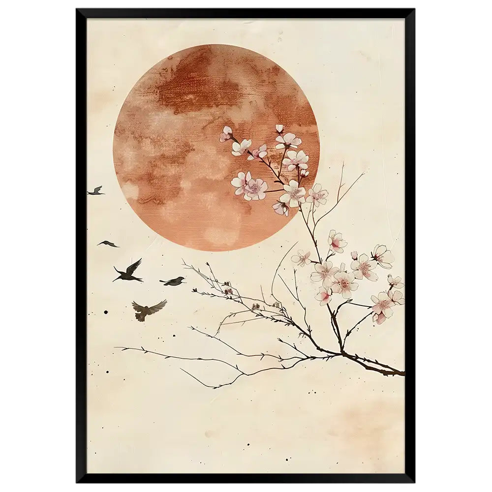 Cuadro Japandi con flor de cerezo y luna en tonos terracota