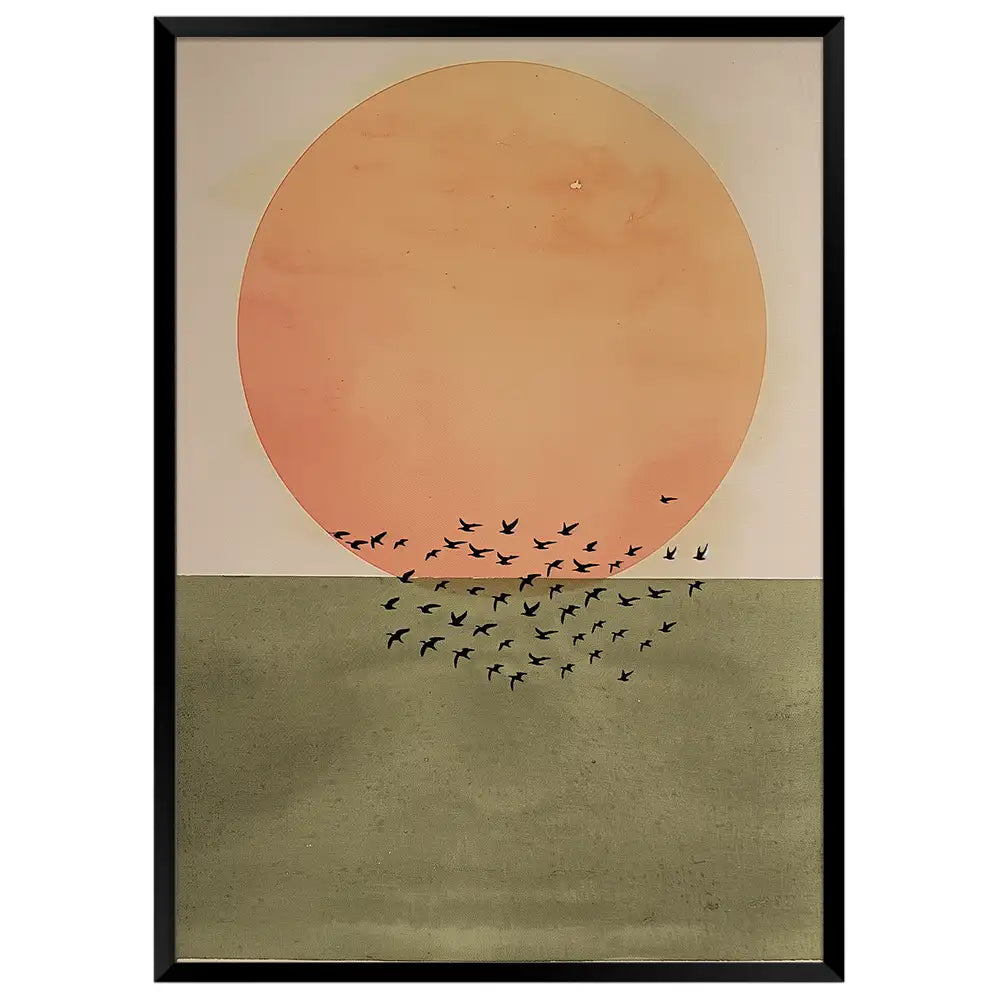 Cuadro Japandi con sol bajo y aves en vuelo