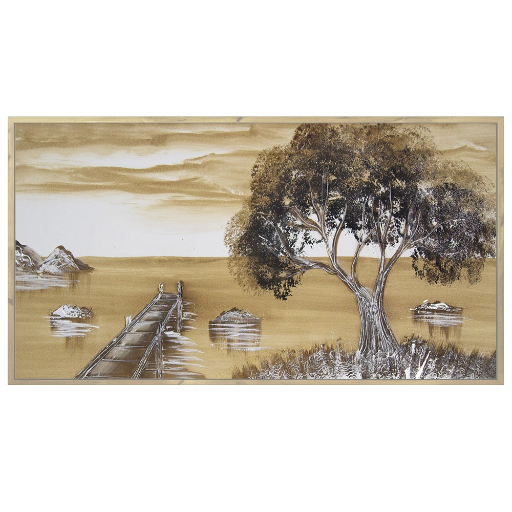 Cuadro de paisaje rural en tonos sepia pintado a mano
