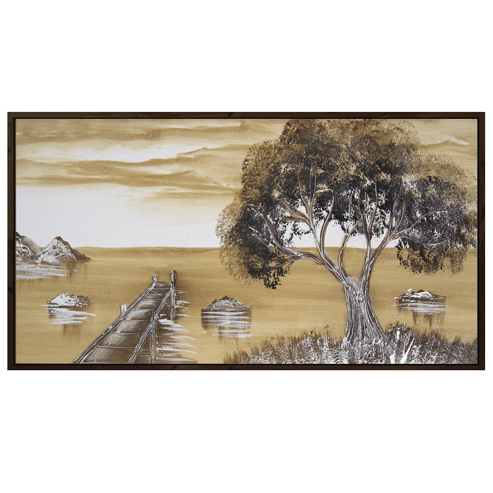 Cuadro de paisaje rural en tonos sepia pintado a mano
