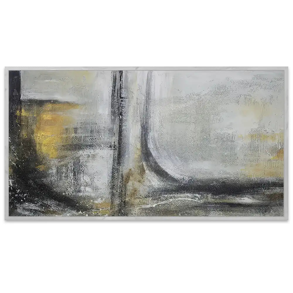 Cuadro abstracto pintado a mano con textura en tonos dorados y gris