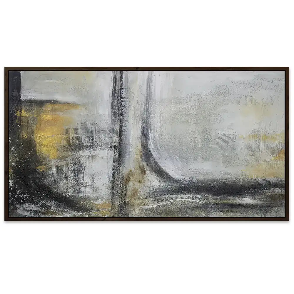 Cuadro abstracto pintado a mano con textura en tonos dorados y gris