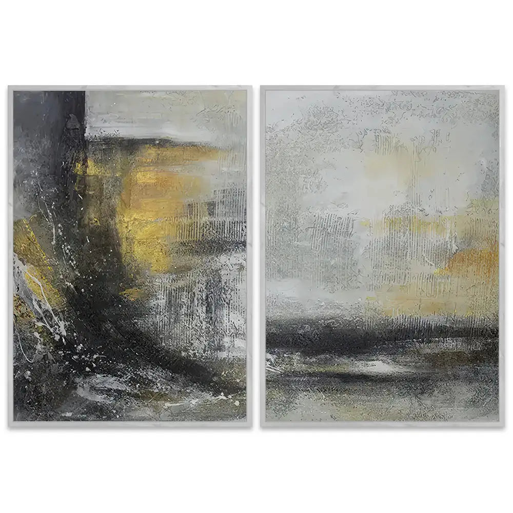 Cuadro abstracto pintado a mano con textura en tonos dorados y gris