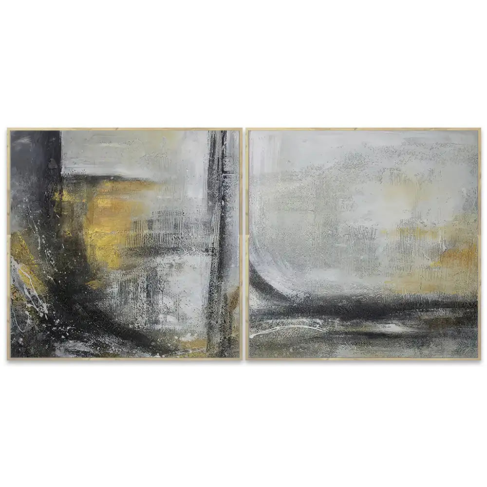Cuadro abstracto pintado a mano con textura en tonos dorados y gris