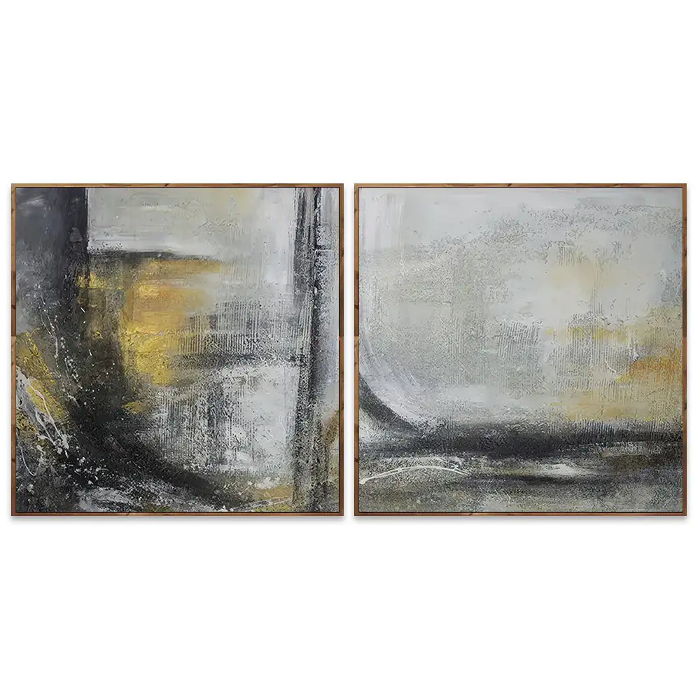 Cuadro abstracto pintado a mano con textura en tonos dorados y gris