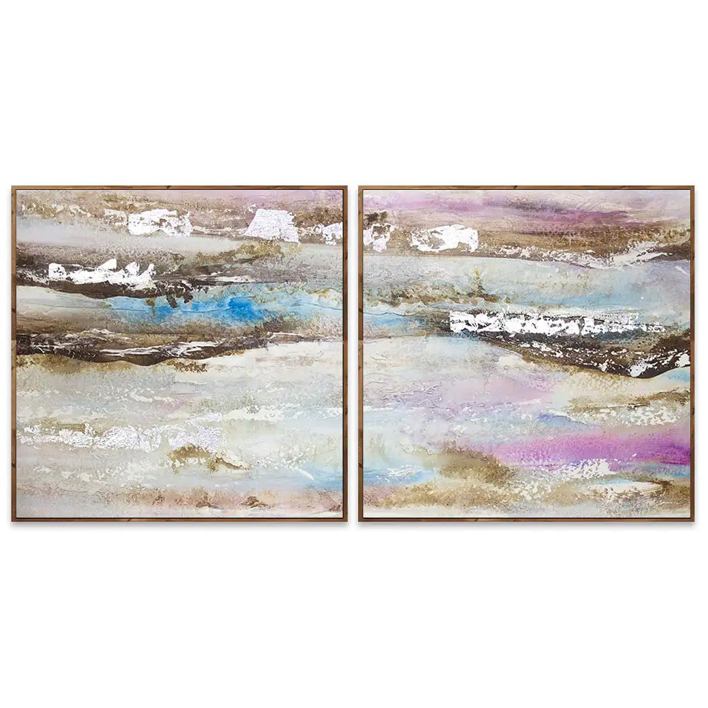 Pintura abstracta acrílica en tonos malva y plata