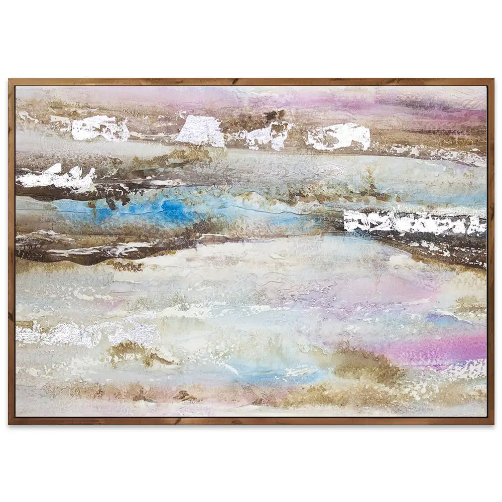 Pintura abstracta acrílica en tonos malva y plata