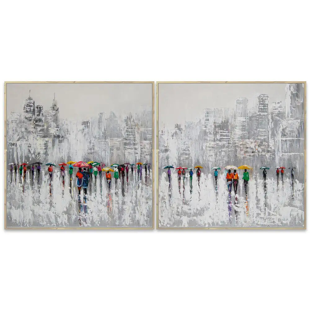 Cuadro acrílico moderno pintado a mano con figuras urbanas