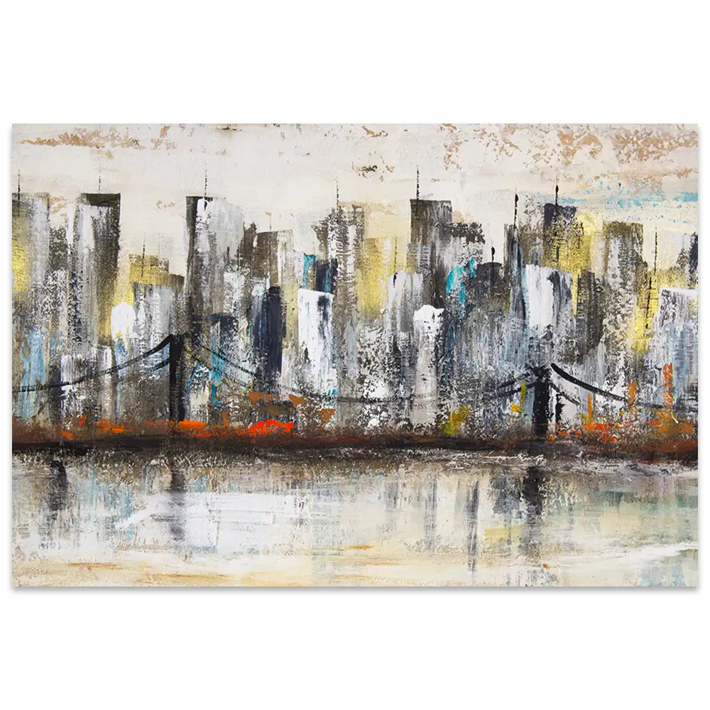 Pintura urbana con skyline y reflejo en agua