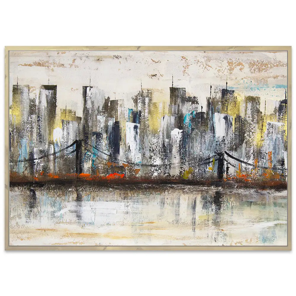 Pintura urbana con skyline y reflejo en agua