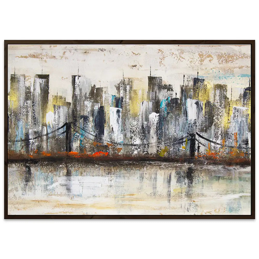 Pintura urbana con skyline y reflejo en agua