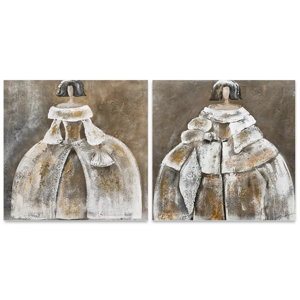 Cuadro menina artesanal en tonos beige y dorado
