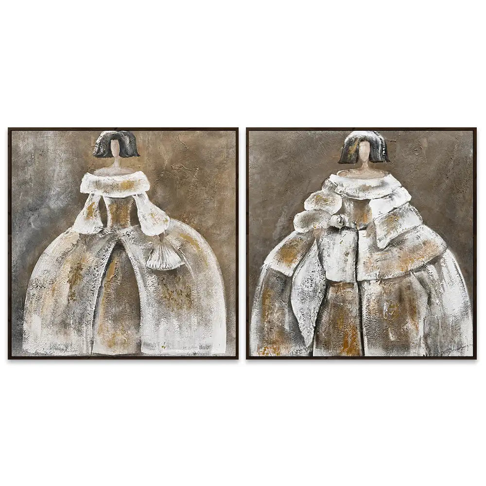Cuadro menina artesanal en tonos beige y dorado
