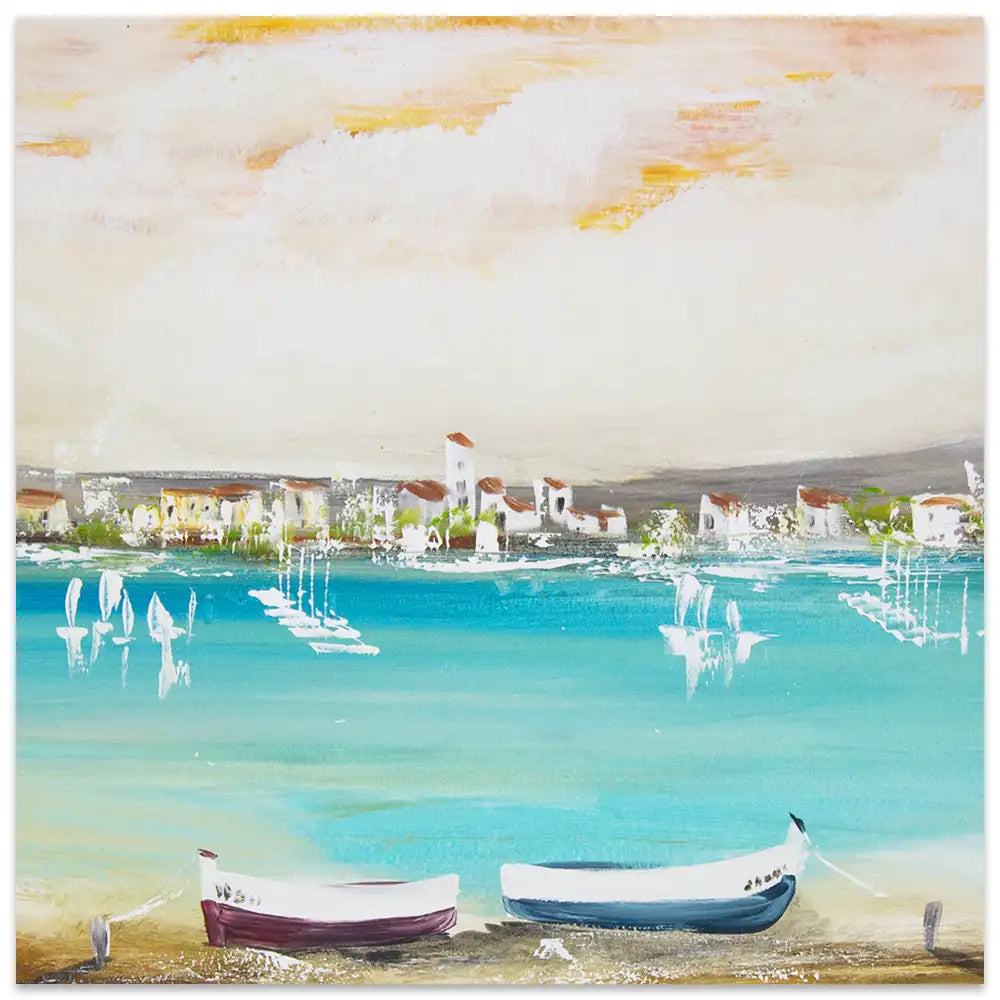 Cuadro mediterráneo moderno azul turquesa con barcos
