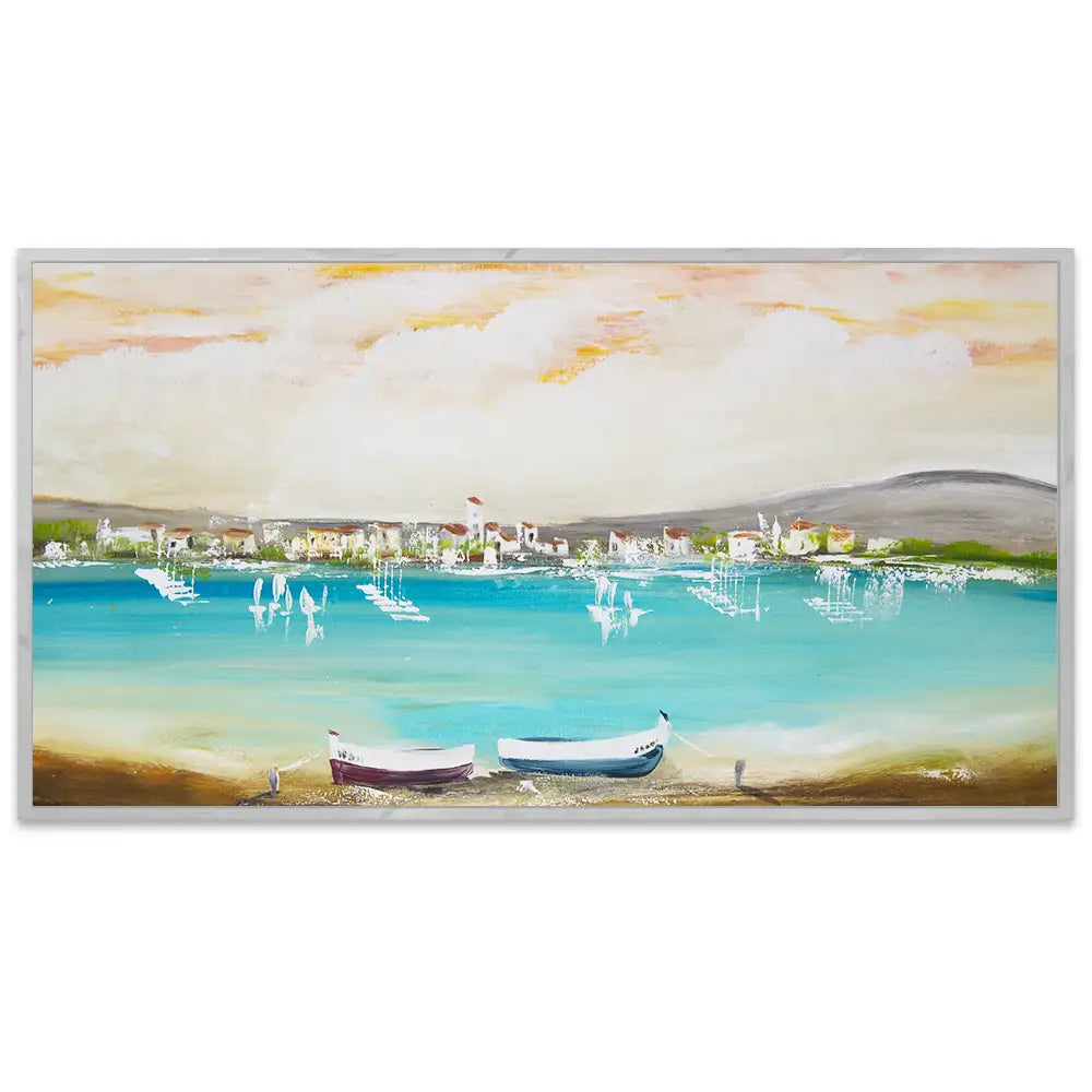 Cuadro mediterráneo moderno azul turquesa con barcos