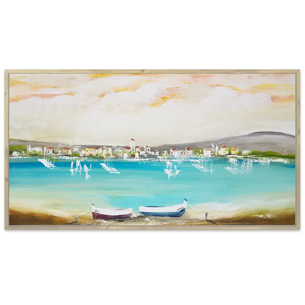 Cuadro mediterráneo moderno azul turquesa con barcos