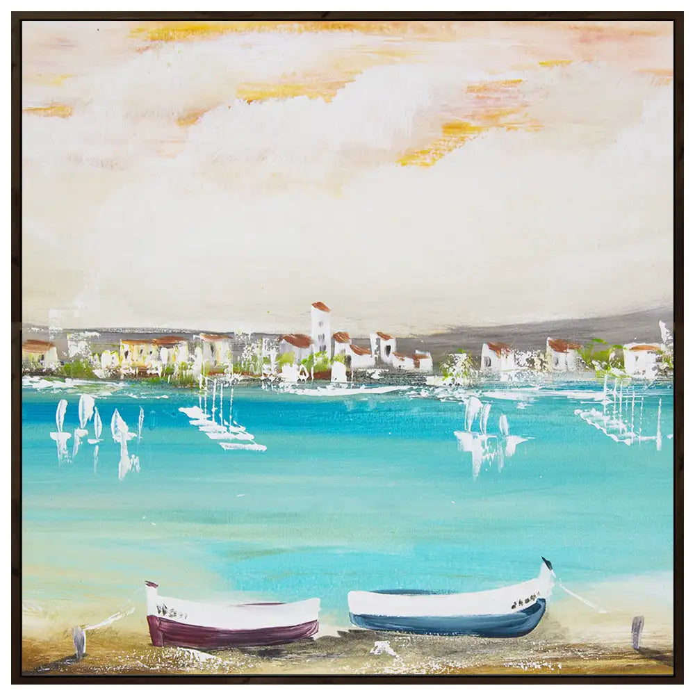 Cuadro mediterráneo moderno azul turquesa con barcos
