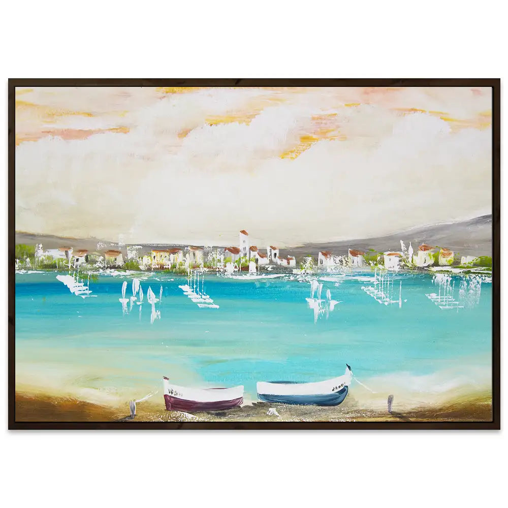 Cuadro mediterráneo moderno azul turquesa con barcos