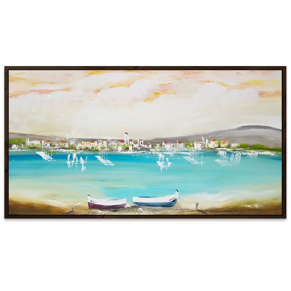 Cuadro mediterráneo moderno azul turquesa con barcos