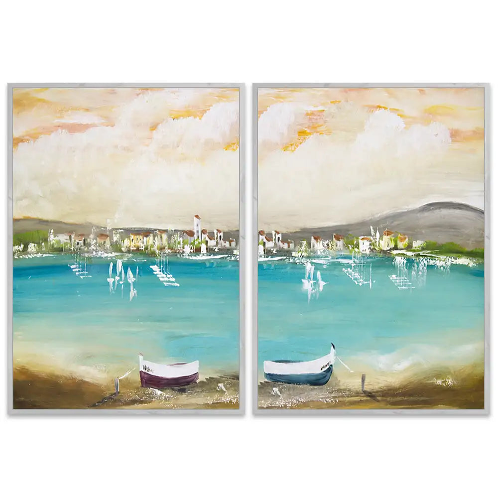 Cuadro mediterráneo moderno azul turquesa con barcos