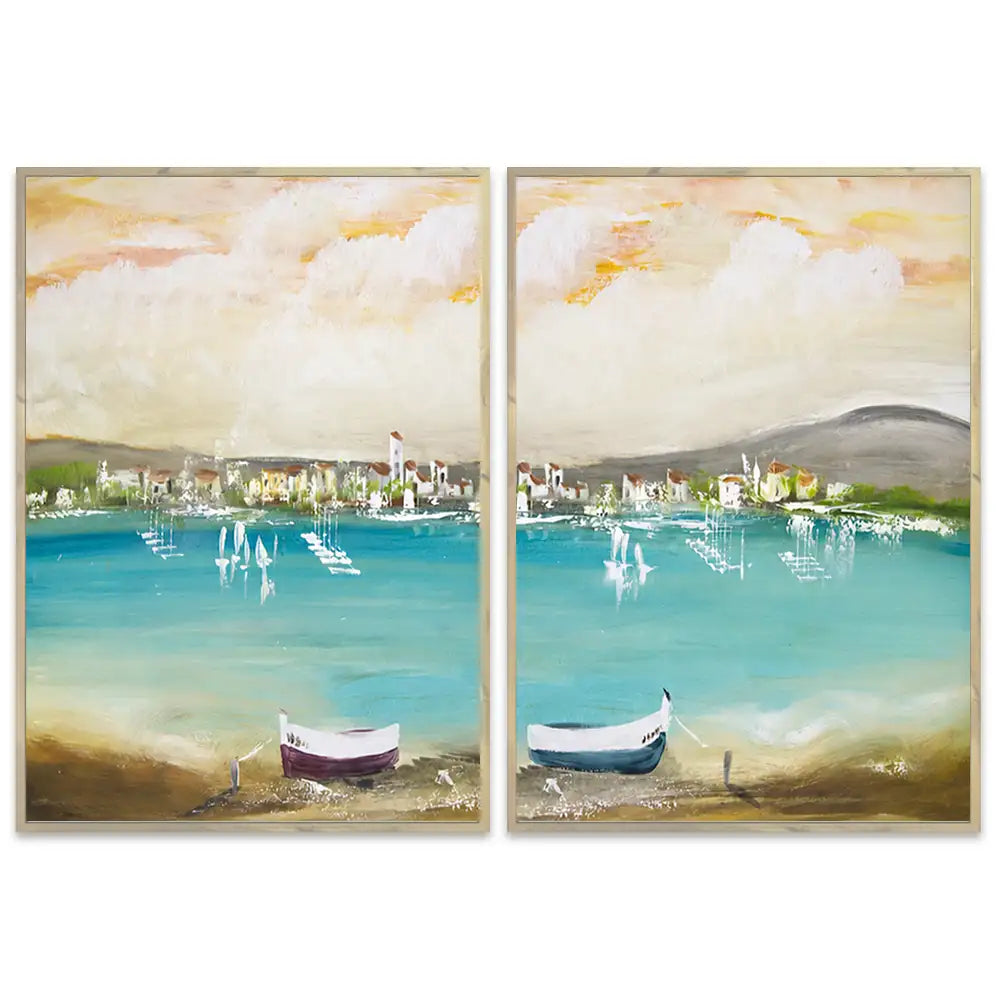 Cuadro mediterráneo moderno azul turquesa con barcos