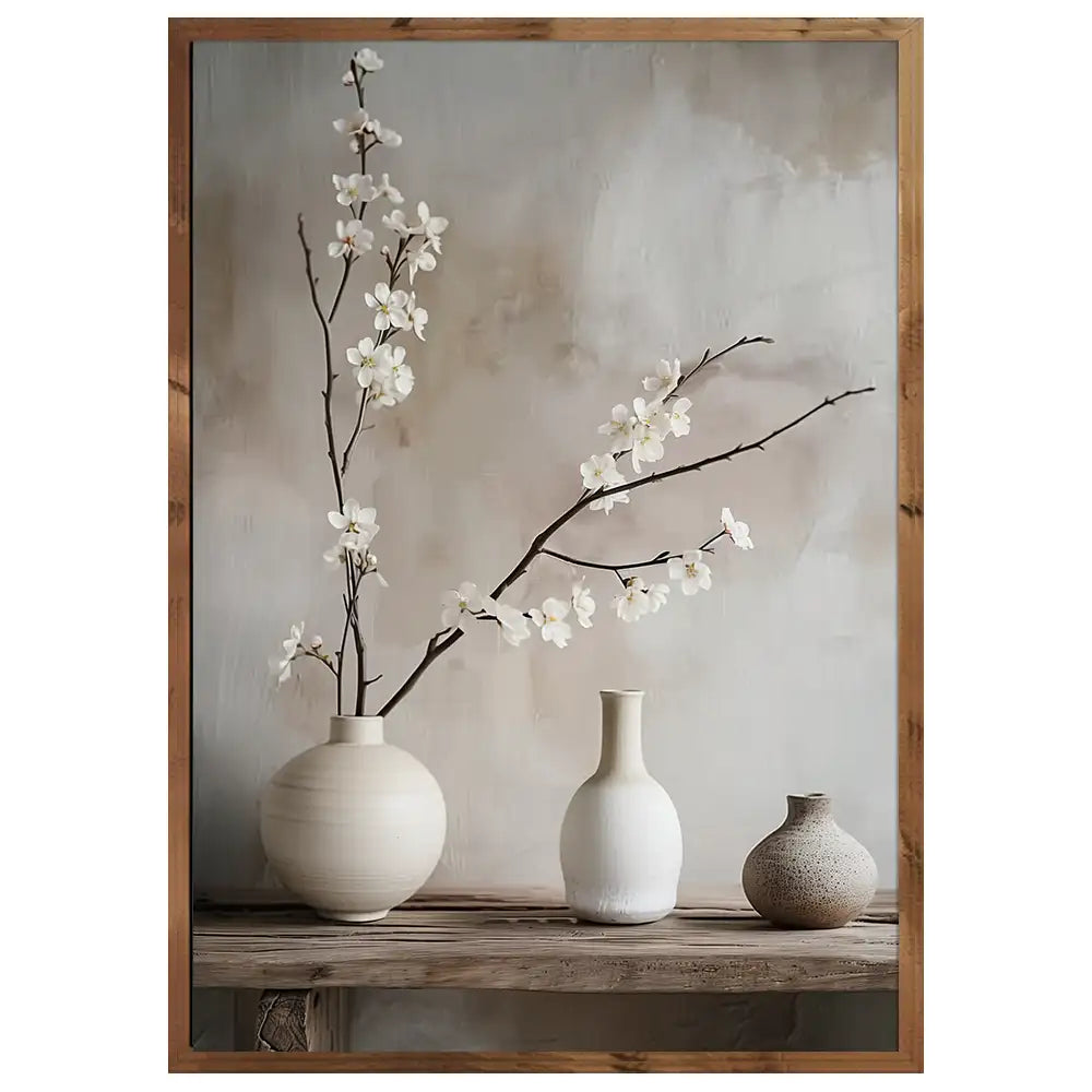 Cuadro estilo Japandi con jarrones y flor blanca