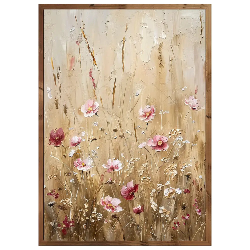 Cuadro con flores en tonos cálidos y fondo beige