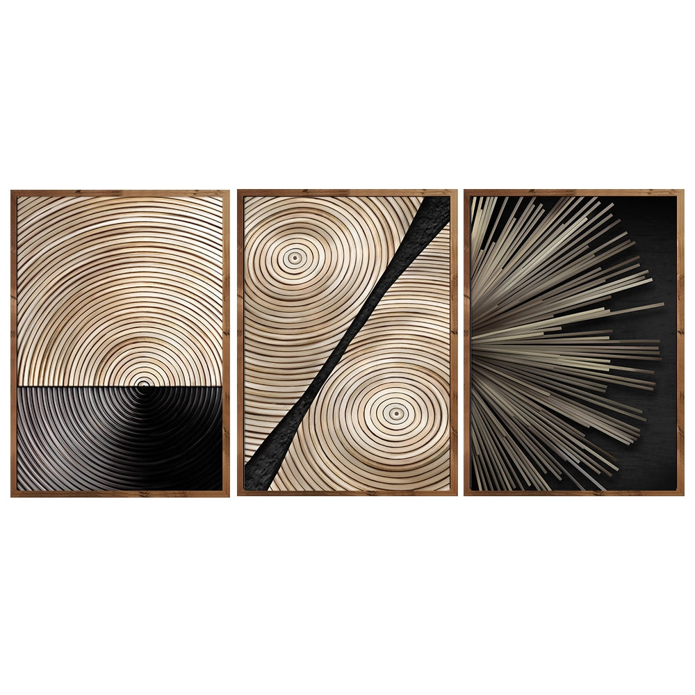 Tríptico de cuadros estilo industrial geométricos en negro y madera