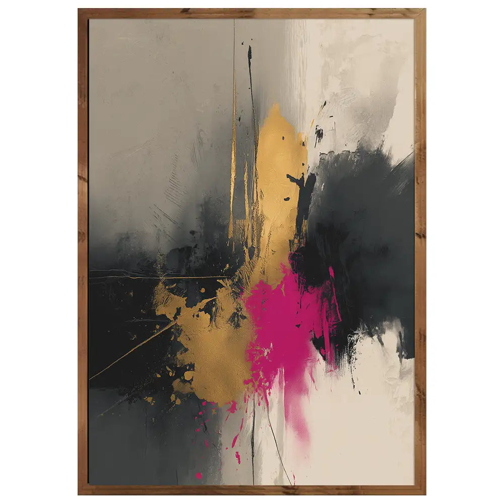 Cuadro abstracto con impacto en dorado y magenta