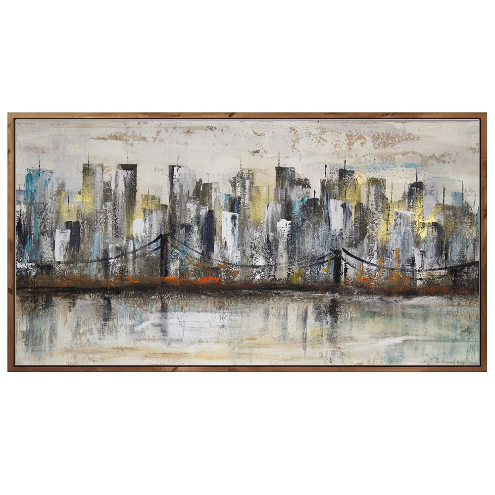 Pintura urbana con skyline y reflejo en agua