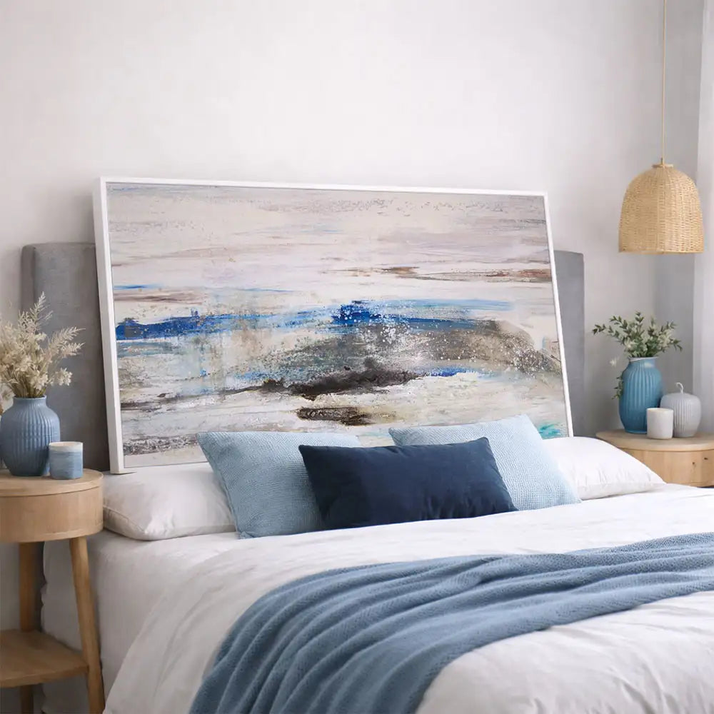 Cuadros abstractos azules pintados a mano en relieve