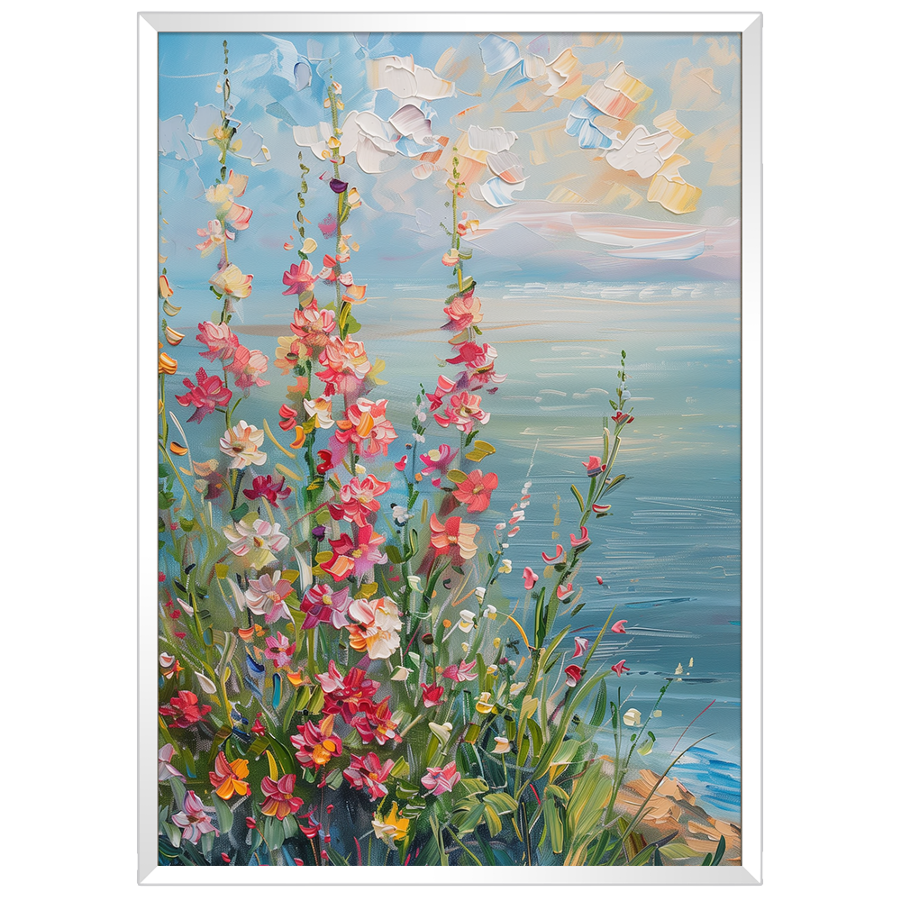 Cuadro de flores junto al mar con tonos suaves