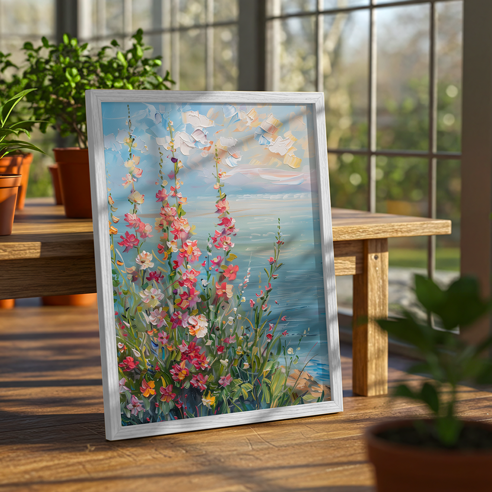 Cuadro de flores junto al mar con tonos suaves