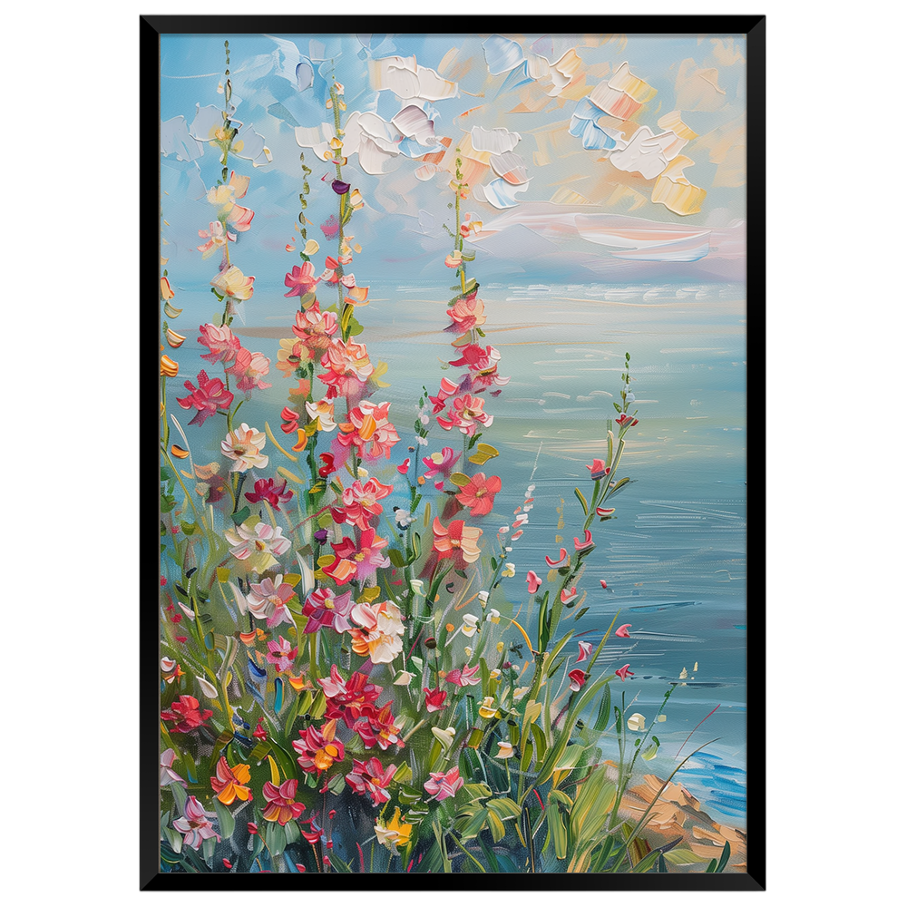Cuadro de flores junto al mar con tonos suaves