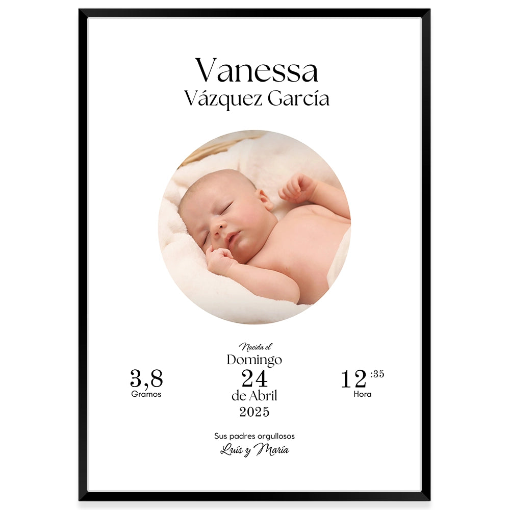 Cuadro nacimiento bebé personalizado con datos y foto