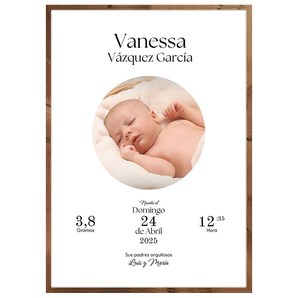 Cuadro nacimiento bebé personalizado con datos y foto