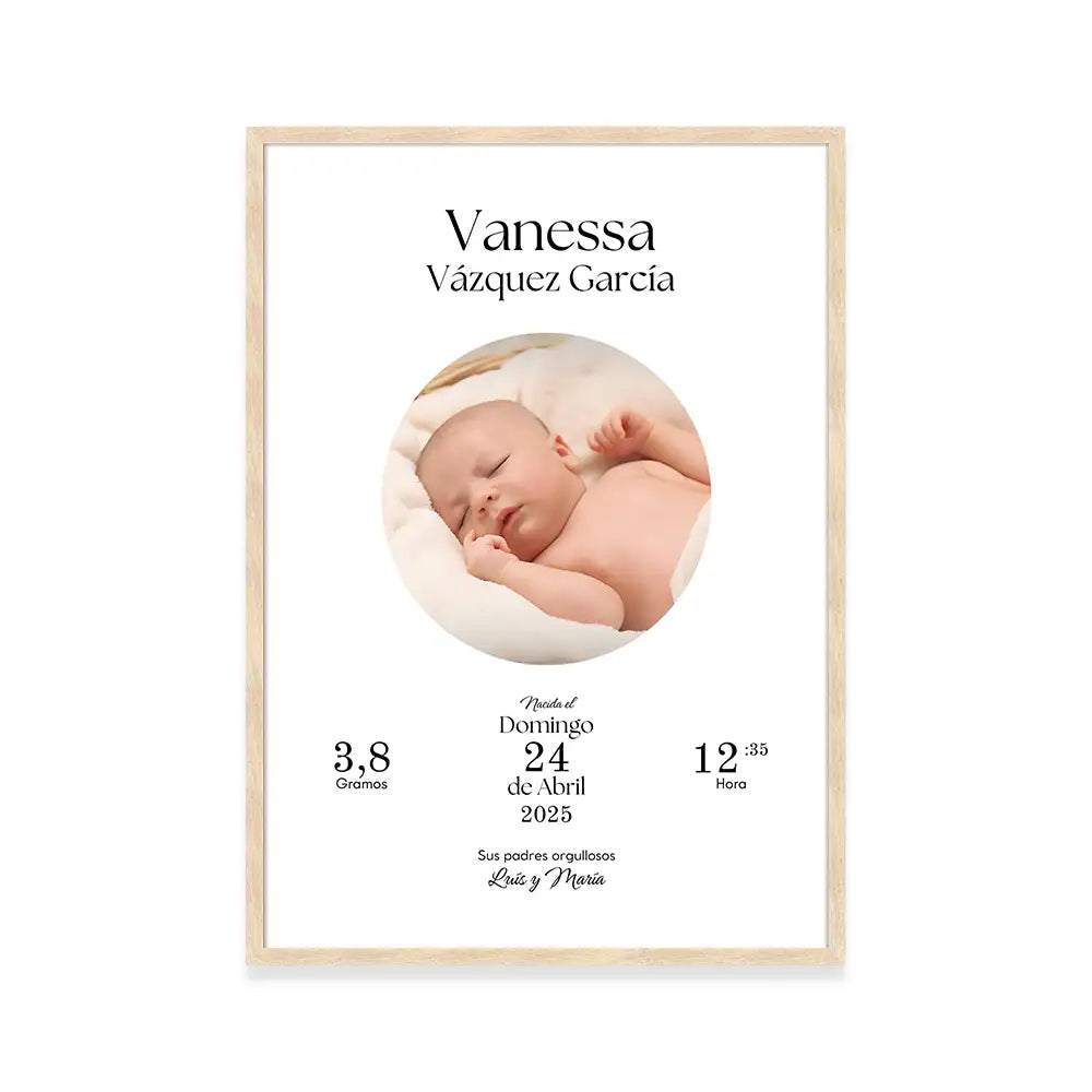 Cuadro nacimiento bebé personalizado con datos y foto