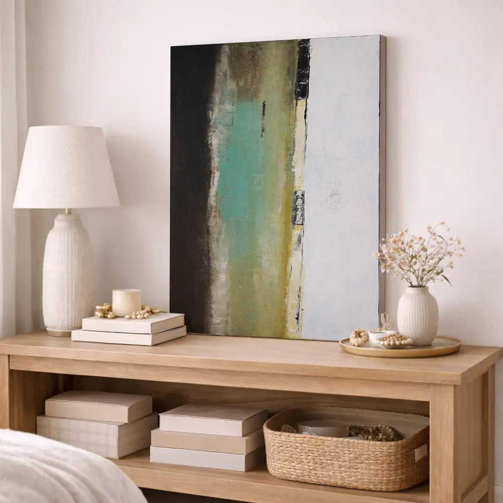 Blanco, aguamarina y bloque oscuro en tres planos (sin marco)