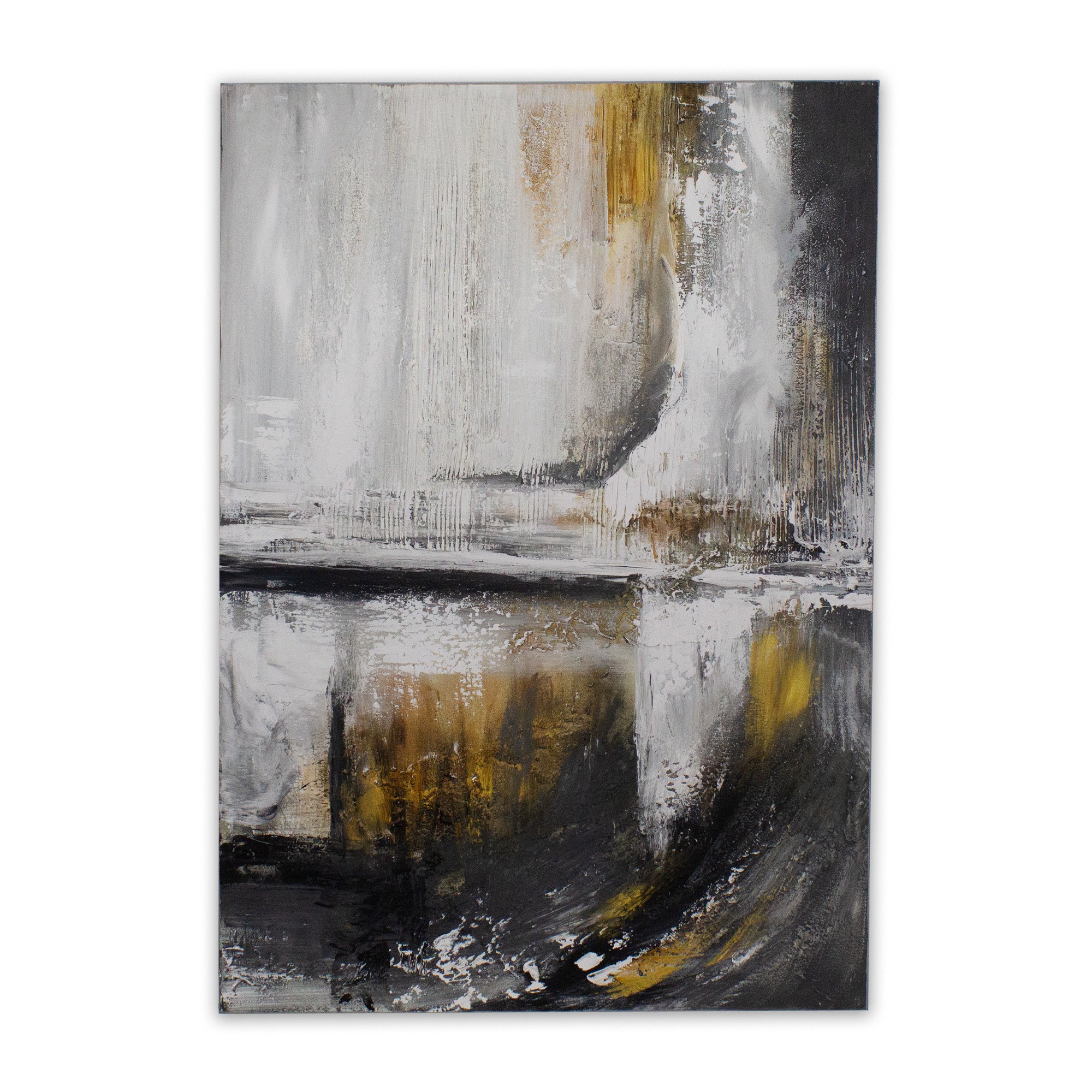 Cuadro abstracto pintado a mano con textura en tonos dorados y gris